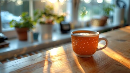 Morning light streams in, casting a peaceful and quiet glow on the cup resting on the kitchen counter