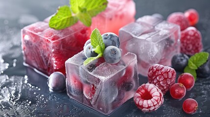 Frozen ice cubes with various fruits, blackberries and raspberries, gooseberries and currants, blueberries and mint, copy space