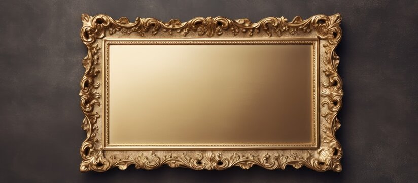 An antique gold picture frame, made of metal and in a rectangular shape, hangs on a beige wall. It adds a touch of elegance to the room