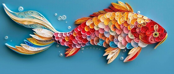 Paper quilling koi fish isolated on blue background .
