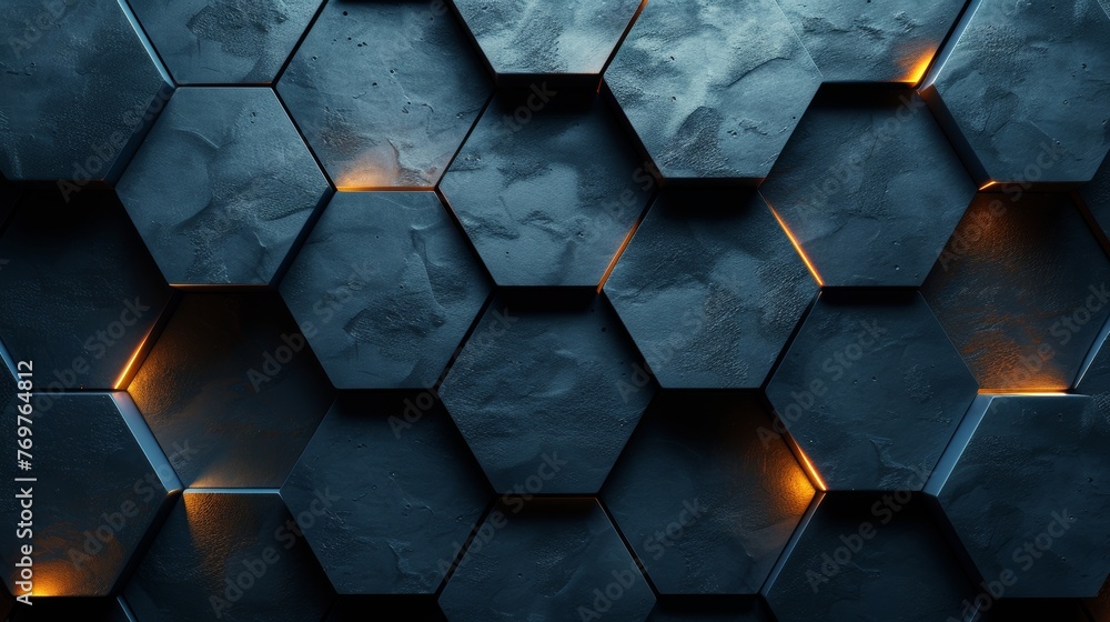Poster abstract hexagonal geometric background with blue tones and orange lighting