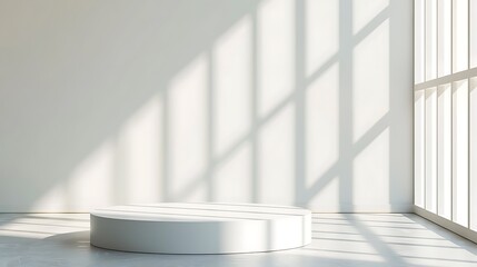 Round Pedestal Podium On White Background With Window Light And Shadows