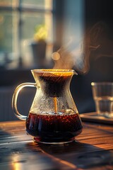Filter coffee brewing in glass carafe, close-up on drip process, morning light casting soft shadows