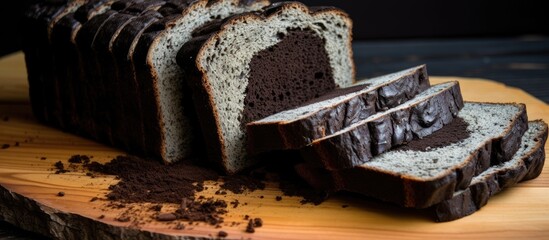 A loaf of chocolate bread is displayed on a wooden cutting board, resembling a tire in the middle of a construction site with brickwork, grass, and soil