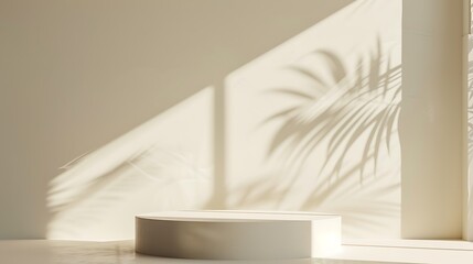 White podium on a beige background with shadows of tropical leaves. 3d rendering.