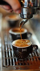 Small cup holds an espresso shot, crema focused, dark and rich, with barista's hand subtly in the background