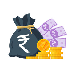 Indian Money Vector Illustration. Indian rupee sack, coins and banknotes. Each object isolated.