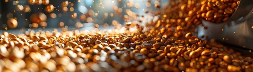 Beans tumbling in a roaster during the coffee roasting process, captured in a close-up with warm colors and a hint of smoke - obrazy, fototapety, plakaty