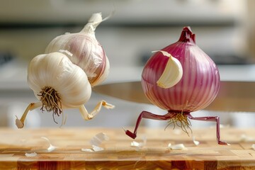 Animated garlic and onion characters with expressive faces, concept art.