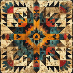 Aged and weathered tribal style pattern with geometric shapes and distressed texture.