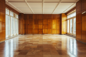 Fototapeta na wymiar Large empty room with polished marble floors and wooden walls