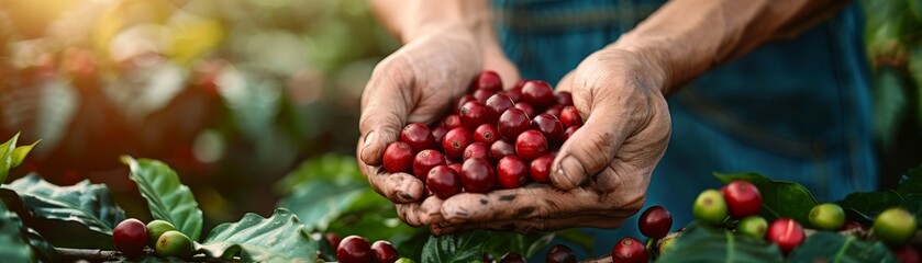 At harvest time on the coffee farm, workers are seen picking coffee cherries amidst vibrant greenery, with a focus on their hands and the cherries