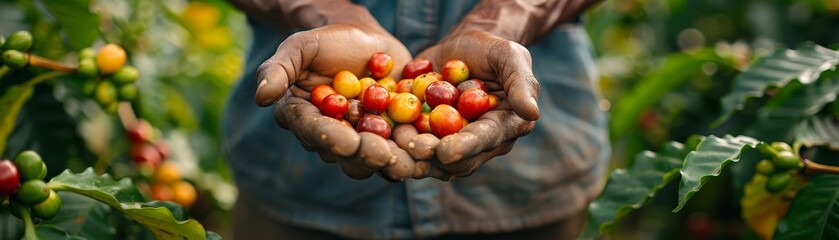 Workers pick coffee cherries amid vibrant greenery, focusing on hands and cherries during the harvest at a coffee farm