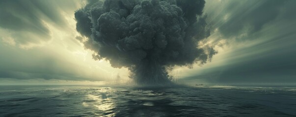 Volcanic eruption over the ocean at dusk