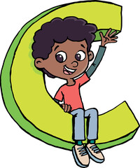 boy is sitting in the capital letter C