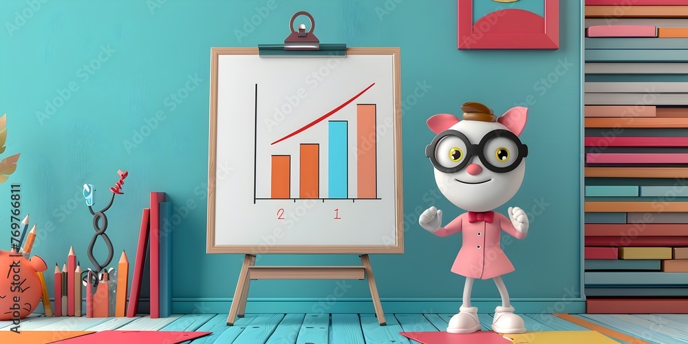 Poster animated flipchart character presenting insightful data visualizations