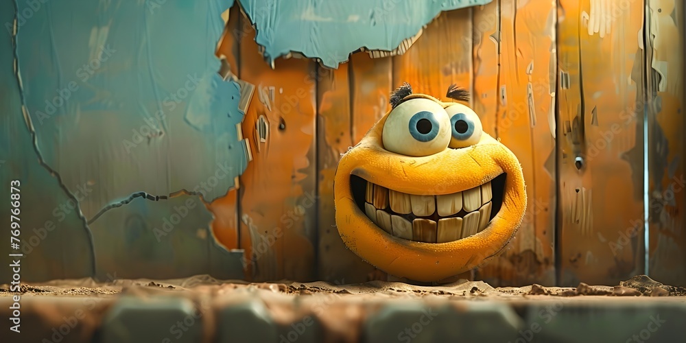Poster quirky character bursting through barrier with joyful laughter creative digital with space for copy