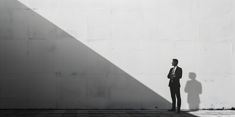 Mysterious Silhouette of a Businessman in a Suit Standing Alone Conveying a Concept of Silent Persuasion and Impactful Communication