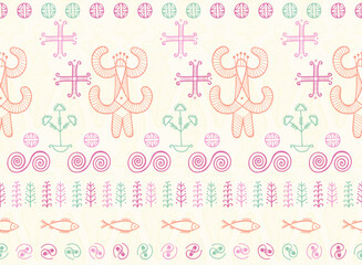 Pagan goddess trypillian culture endless pattern. Cute romanian ethnic vector. Naive