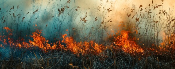 Wildfire in a grass field at sunset - obrazy, fototapety, plakaty