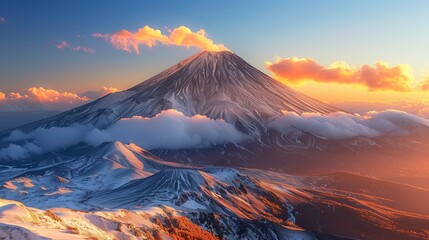 Volcano peaks covered with snow.
