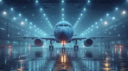 Front view of an airplane in a hangar in dark blue.