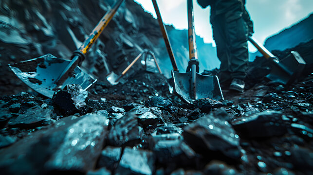a many tools and shovels laying around in a coal mine and two coal miners working with the tools