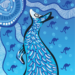 Blue Aboriginal vector artwork with kangaroo