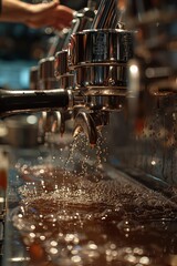 A barista meticulously cleans a coffee machine, centering on the steam and water, glinting off reflective surfaces, exuding a palpable sense of care and precision