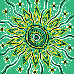 Wattle leaves aboriginal dot green artwork illustration