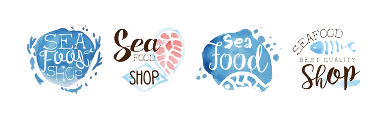 Seafood Nautical Watercolor Label and Shop Emblem Vector Set