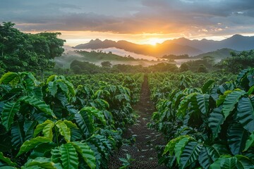 Obraz premium Vast coffee plantation at sunrise, rows of coffee plants, distant mountains, mist hanging low create a serene morning scene