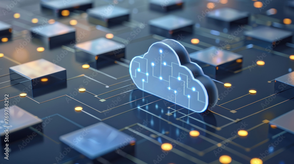 Poster cloud computing concept, digital cloud over a network of connected devices, seamless data access and