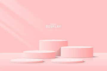 Abstract soft 3D room with set of realistic pink cylinder pedestal podium. Minimal scene for product display presentation. 3d vector geometric platform design. Stage for showcase, cosmetic.