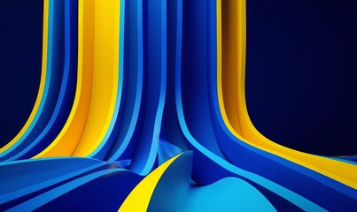3d render. Abstract background of blue yellow neon stripes and ribbons. Modern wallpaper, national ukrainian colors, Generative AI  - obrazy, fototapety, plakaty