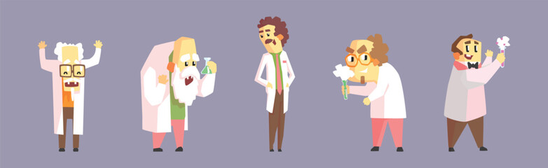 Funny Mad Scientist Man Character In Lab Coat Vector Set