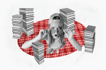 Composite graphics collage image of indignant dissatisfied girl pile book literature bookworm...