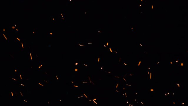 Bright Sparks in a Dark Space. Bright red-hot sparks move randomly and at different speeds on a black background. Filmed at a speed of 240fps