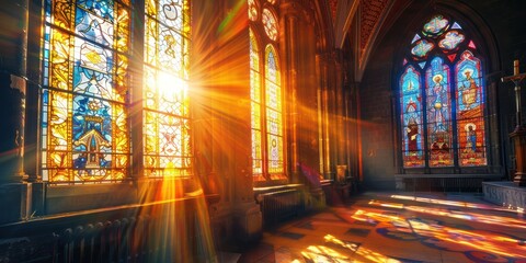 A historic church with intricate stained glass windows, glowing in the sunlight. 