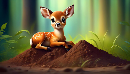 A digital painting of a cute baby deer sitting on top of a pile of dirt in a serene forest setting