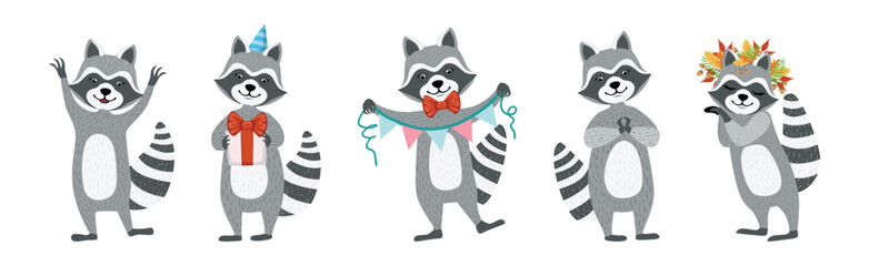 Funny Raccoon Character Engaged in Different Activity Vector Set