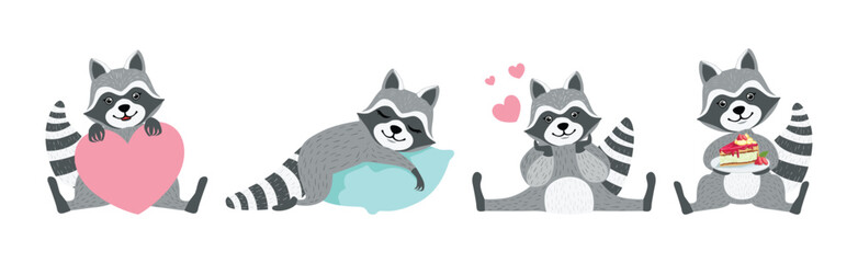 Obraz premium Funny Raccoon Character Engaged in Different Activity Vector Set