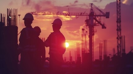 engineering work silhouette, sunset background, sunrise, construction field concept
