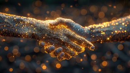 Low poly illustration of the Business handshake with a golden dust effect