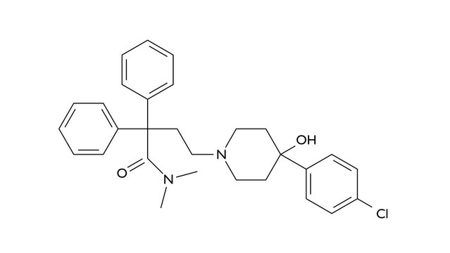 loperamide molecule, structural chemical formula, ball-and-stick model, isolated image antidiarrhea agent
