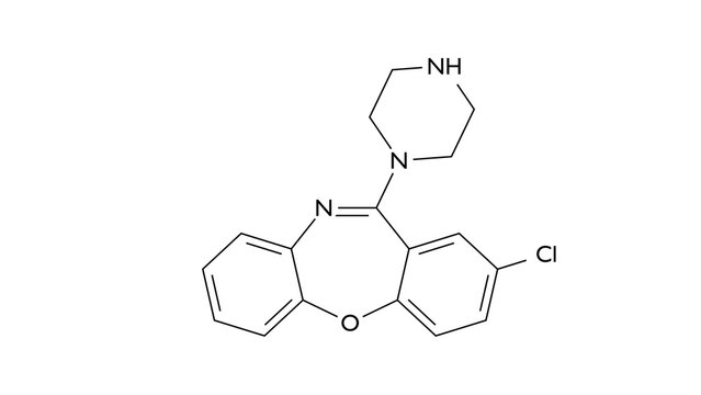 amoxapine molecule, structural chemical formula, ball-and-stick model, isolated image tricyclic antidepressant
