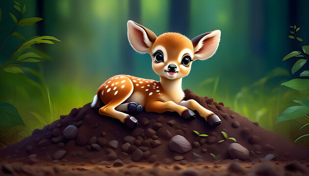 A digital painting of a baby deer in a forest setting