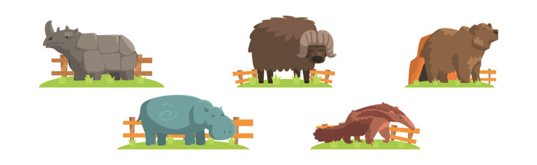 Zoo Animal and Wild Fauna Behind Fence Vector Set