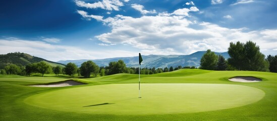 A picturesque golf course with majestic mountains in the background, a flag waving on the green as clouds drift across the clear blue sky