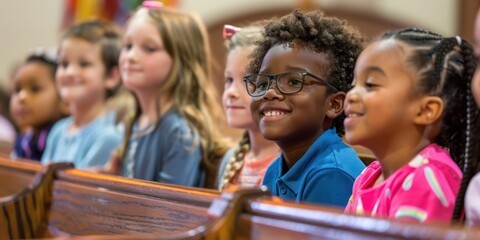 A group of children participating in a Sunday school lesson at church.  - obrazy, fototapety, plakaty